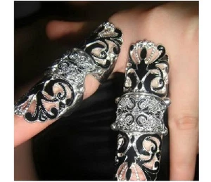 Goth Biker Punk Silver Metal Black Enamel Hollow Flower Joint Finger Ring Size 7 - Picture 1 of 9
