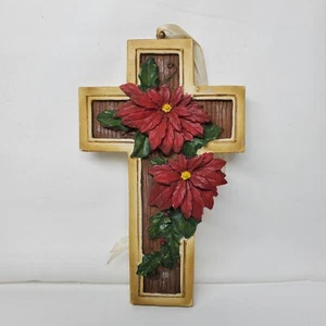 Vintage Ceramic Poinsettia Cross Hand Painted Red Green Wall Hanging 5.5 In - Picture 1 of 4