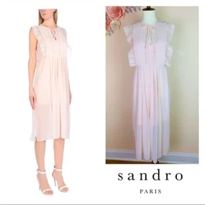 New! NWT SANDRO Paris Pleated Lace Sheer Midi Dress S Small $380 - Picture 1 of 12