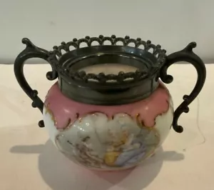 Antiguo plato de azúcar de porcelana con borde de metal superior de dos asas victoriano dorado de dos caras - Imagen 1 de 7