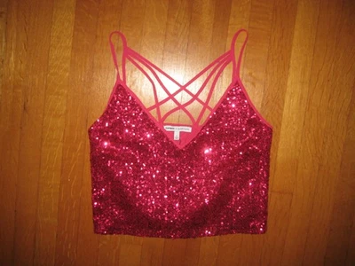 NUEVA Camiseta sin Mangas Express x Olivia Culpo Rosa Lentejuelas Cami Talla Pequeña Correas Cruzadas Nueva con Etiquetas Foto 1 de 4