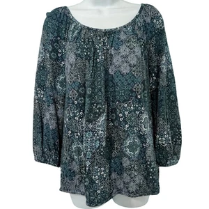 Michael Kors Blue Paisley Floral Scoop Neck Bracelet Sleeve Blouse Top size L - Picture 1 of 9