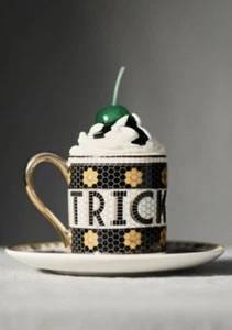 Anthropologie Bistro Fliesen Trick or Treat Espresso 5 Unzen Tasse & Untertasse Set Neu im Karton - Bild 1 von 2