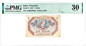 Saar, Treasury 1 Mark (1947) Pick# 3 PMG 30 Very Fine (VF) Banknote - Picture 1 of 4