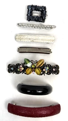 Vintage Hair Clip Lot 7 Barrette Rhinestone Metal Plastic Leather - Image 1 of 4