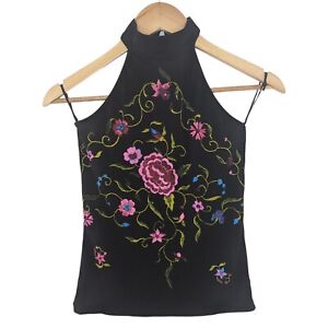 Morgan De Toi, y2k Style, Black with Embroidered Flowers Halterneck Top, UK 8-10