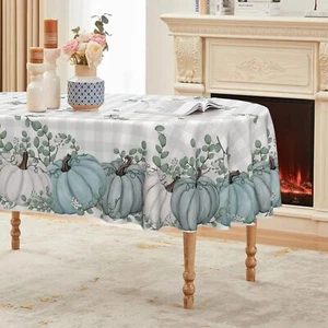 Fall Tablecloth 60×84 Inch Oval Thanksgiving Autumn Harvest Blue Pumpkin Buff... - Picture 1 of 6
