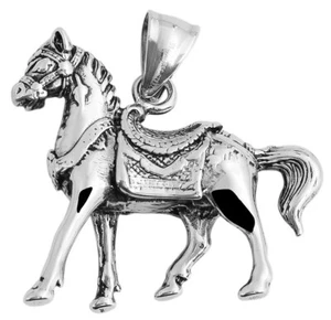 Anhänger Pferd mit Sattel   Edelstahl teilgeschwärzt + 1m Lederband - Bild 1 von 2