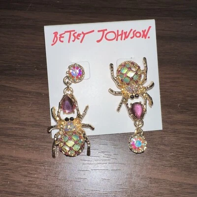 Betsey Johnson Gold Tone Multicolor Mismatch Spider Dangle/Drop Earrings - Image 1 of 4