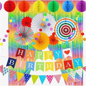 Rainbow Fiesta Party Pack - Happy Birthday Banner, Colorful Pennant Banner, Pape - Picture 1 of 7