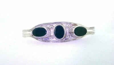 Brazalete Brazalete Vintage Hecho a Mano Esterlina Brazalete Plano Ágata Verde Cabujón 6 1/8"  Foto 1 de 4