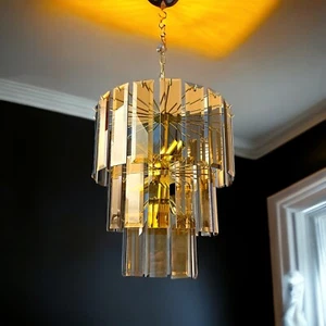 Chandelier Large Century Modern Light Ceiling Pendant Glass Smokey 7 Bulb 1980's - Picture 1 of 10