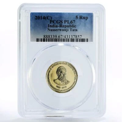 India 5 rupees 175 Years of Nusserwanji Tata Pl67 PCGS NiBrass coin 2014 - Image 1 of 2