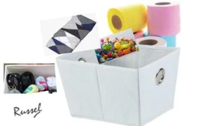 Russel White Medium Folding Box Storage Collapsible Fabric Organiser Container  - Picture 1 of 3