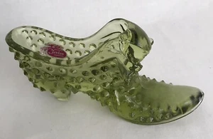 Vintage Fenton Olive Green Glass Shoe Slipper with Cat Head Hobnail Pattern - Picture 1 of 5