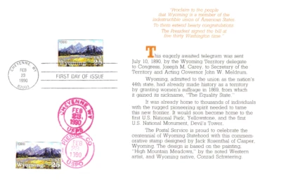 Programa de Ceremonia USPS FDC #2444 Wyoming Centenario Rojo CDS Pierce County 1990 Foto 1 de 4