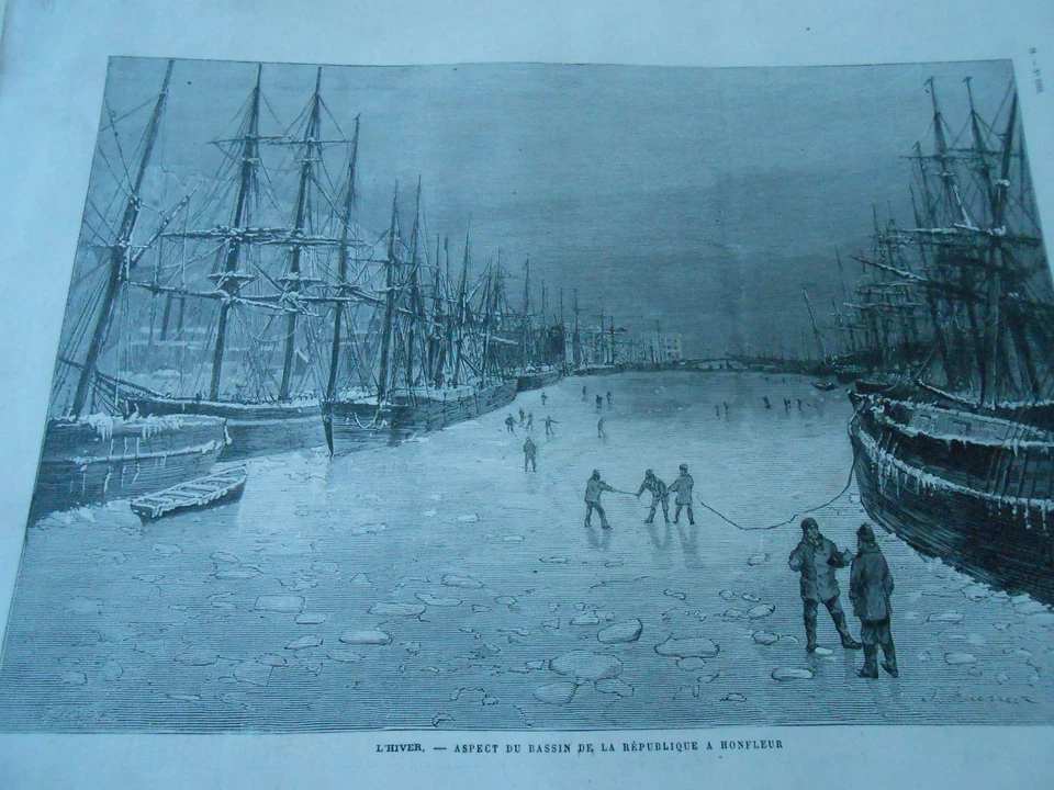 Gravure 1880 - L'hiver aspect du bassin de la république à Honfleur - Photo 1/1