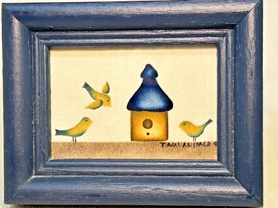 Yellow Birds Mini Ink Painting on Cloth Approx 4.5" X 4" Wood Framed 1999 Signed - Image 1 of 4