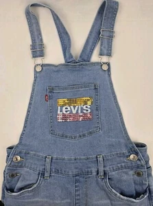 Levi’s Girlfriend Overalls Sequin Bling Size Big Girl 10 Reg Light Wash Denim - Picture 1 of 13