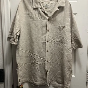 Chemise homme boutonnée Island Shores beige hawaïen feuilles de palmier lavable soie XL - Photo 1/4
