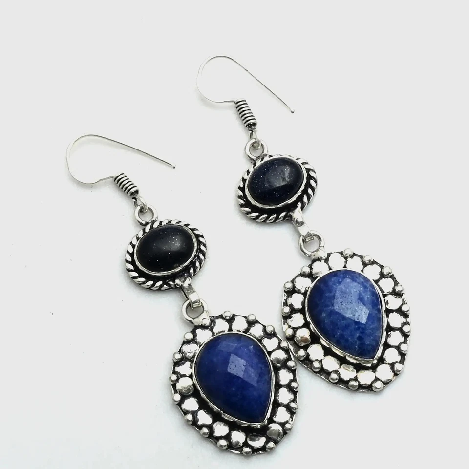 Pendientes colgantes de piedra solar azul zafiro simulado joyería regalo 2,2" AE-11744 Foto 1 de 1