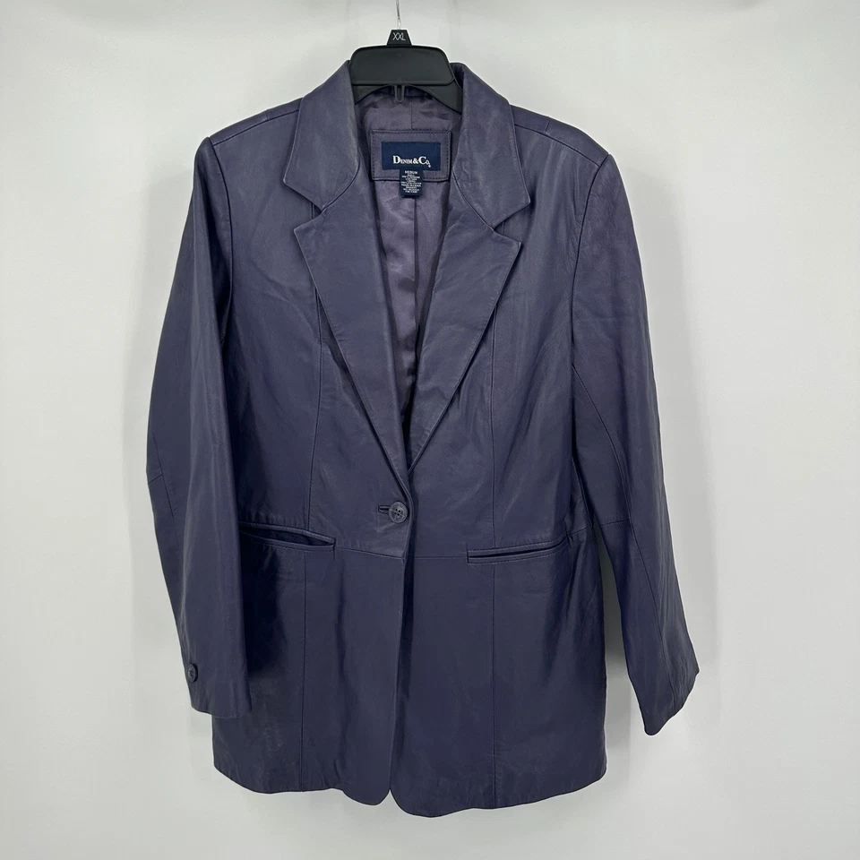 Blazer feminino Denim & Co couro minimalista M dinheiro antigo sob medida roxo macio - Imagem 1 de 4
