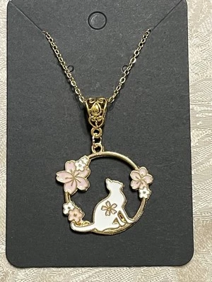 Cat Floral Enamel Pendant Gold Necklace 18” Bohemian Novelty Fashion Necklace - Image 1 of 3