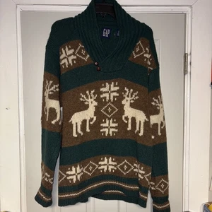 VTG Gap Hand Knit Aztec Pullover Shawl Collar Wool Deer Sweater Size Medium - Picture 1 of 14
