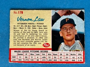 1962 POST CEREAL #179 VERNON VERN LAW EX to EX+ PITTSBURGH PIRATES GREAT - Picture 1 of 2