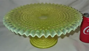 ONE LARGE FENTON TOPAZ VASELINE HOBNAIL ART GLASS CAKE PEDESTAL DESSERT STAND A+ - Picture 1 of 8