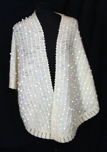 Vintage wool shawl crochet large pearlized sequins ivory cream wrap Japan - Picture 1 of 11