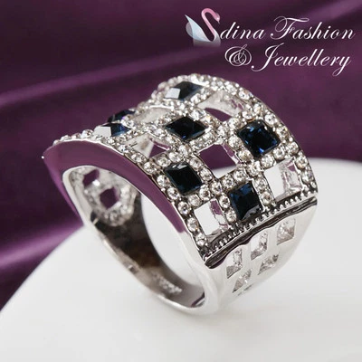 18K White Gold GP Made With Swarovski Crystal Hollow Out Square Blue Ring Foto 1 de 4