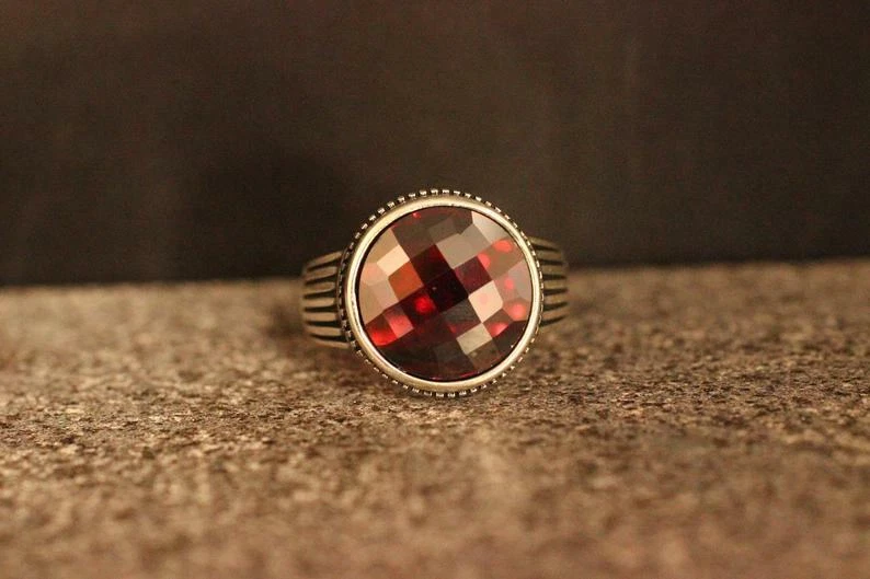 Handmade Vintage Round Shape Deep Red Ruby In 935 Real Silver Solitaire Men Ring - Image 1 of 4