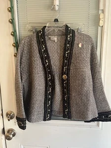 ALBERTO MAKALI Jacket Wool/nylon 1 Button Beads Tweed Look Gray Blk Trim Sz M - Picture 1 of 5