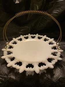 Vintage Westmoreland Milk Glass Fluer De Lis Pattern Plate With Metal Handle - Picture 1 of 5