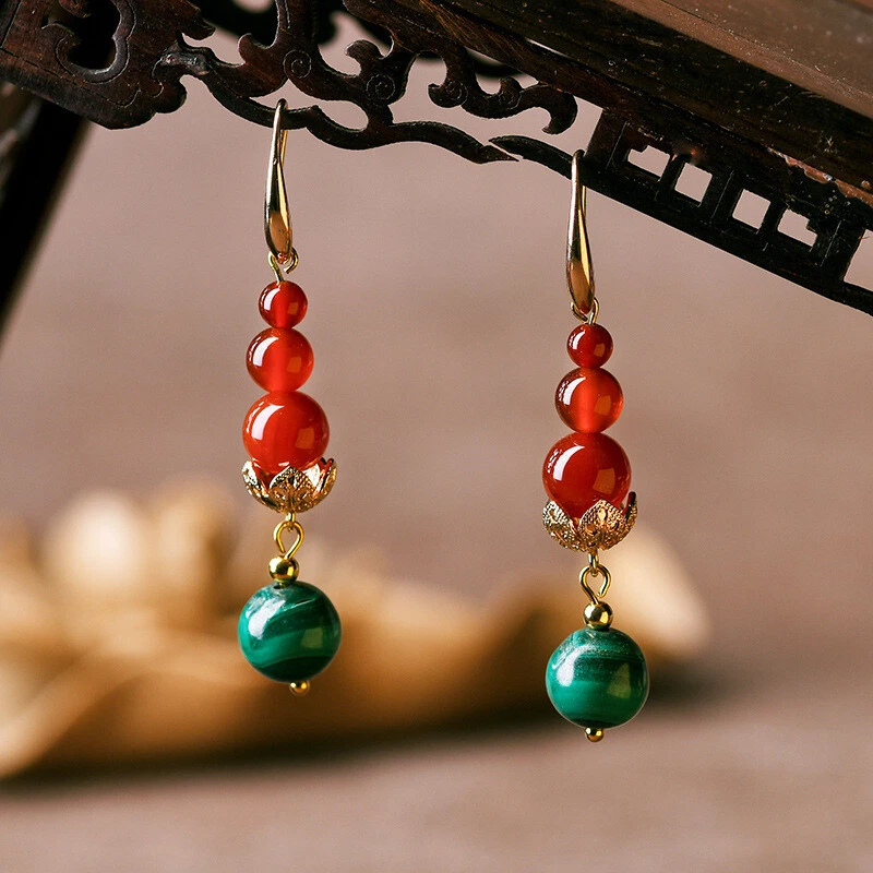 China Agate/Malachite Gild Tibetan Style Fashion Exquisite Earbob Earrings - Image 1 of 4