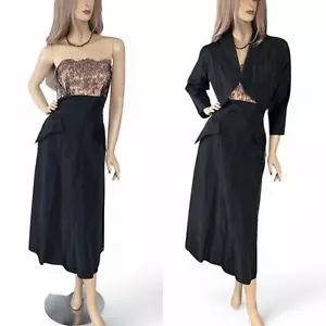 lata 50. Czarna koronkowa sukienka z iluzją i bolerko z taftą | Old Hollywood Glam | Rozmiar XS - Zdjęcie 1 z 10