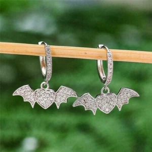 1.25 Ct Simulated Diamond Wedding Heart Bat Dangle Earrings 925 Sterling Silver - Picture 1 of 6