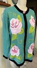 Storybook Knits Charming Sea Foam Green Pink Rose Buttoned Sweater Sz L EUC