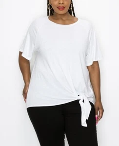 COIN 1804 Women's Short Sleeve Crewneck Side Tie Tee White Plus Size 1X - Picture 1 of 4
