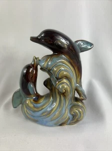 Dolphin Figurine Blue And Brown Glaze Jumping Over Waves 4.5” Ceramic Vintage - Picture 1 of 5