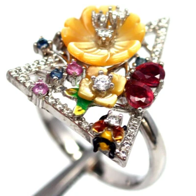 925 Silver Yellow Mother Of Pearl, Ruby, Sapphire, Zircon & Enamel Ring Size 6.5 - Image 1 of 4