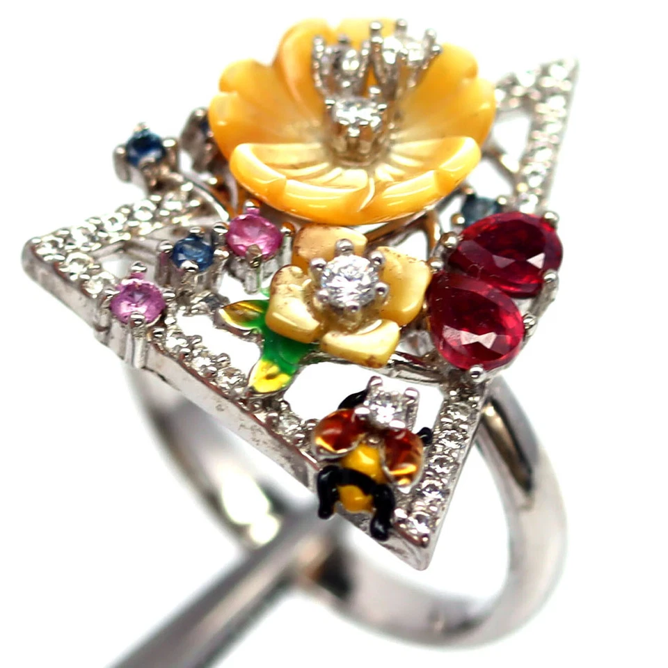 925 Silver Yellow Mother Of Pearl, Ruby, Sapphire, Zircon & Enamel Ring Size 6.5 - Image 1 of 4