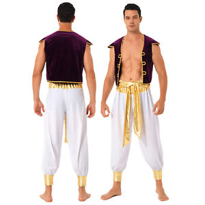 Men Arabian Prince Cospaly Costume Halloween Fancy Dress Ball Cap Pants Outfits 