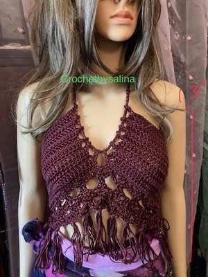 Бретель с бретелью через шею крючком верхний стиль z фестиваль богемное блестящий бордовый 45 Crochetbysalina - Изображение 1 из 3