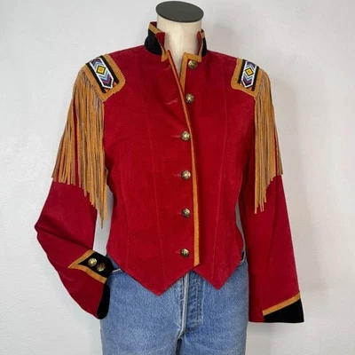 Vintage 90s Fringe Rodeo Jacket Pig Suede Red Western Cowgirl Size Small - Image 1 of 4