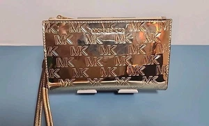 Auténtico nuevo sin etiquetas. MICHAEL KORS JET SET Doble Cremallera Brillante Dorado Pálido Teléfono Billetera Muñequera - Imagen 1 de 7