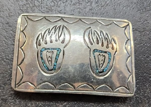VINTAGE W. NEZZIE NAVAJO NATIVE AMERICAN TURQUOISE INLAY BELT BUCKLE BEAR CLAW - Picture 1 of 7