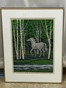 Fumio Fujita White Horse A Woodblock Print 1982 Signed ED 90/200 Framed Vintage - Picture 1 of 7