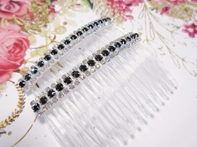 Triple Row AB Clear and Opaque Black Austrian Crystal side hair comb pair Bride - Image 1 of 4